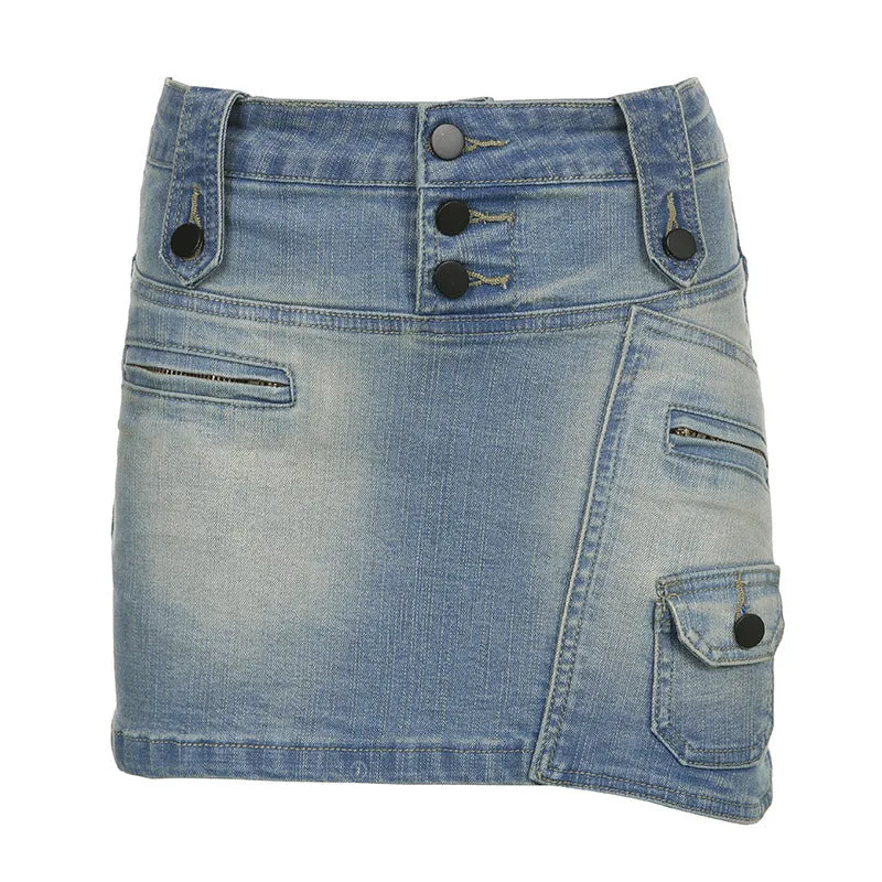 American Street Style Asymmetric Pocket Design Low Waist Denim Skirt
