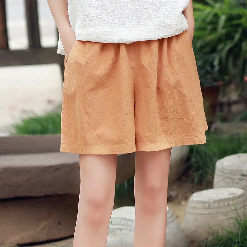 Art Cotton Blend Casual Pants Culottes Women Elastic Waist Loose All-Matching Shorts