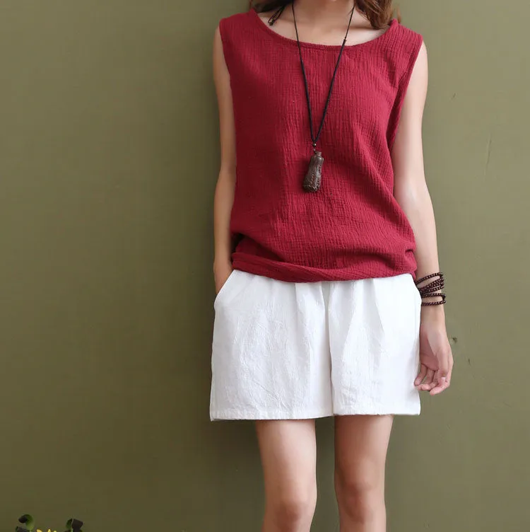 Art Cotton Blend Casual Pants Culottes Women Elastic Waist Loose All-Matching Shorts