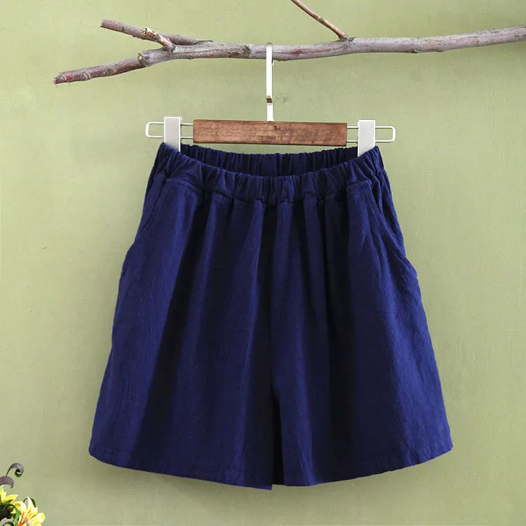 Art Cotton Blend Casual Pants Culottes Women Elastic Waist Loose All-Matching Shorts
