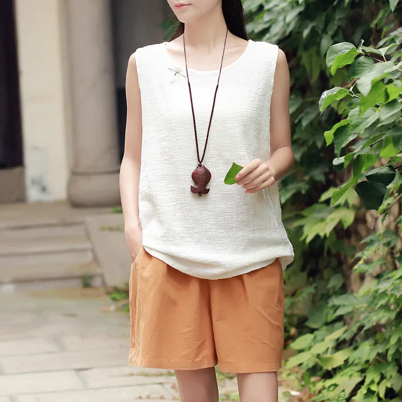 Art Cotton Blend Casual Pants Culottes Women Elastic Waist Loose All-Matching Shorts