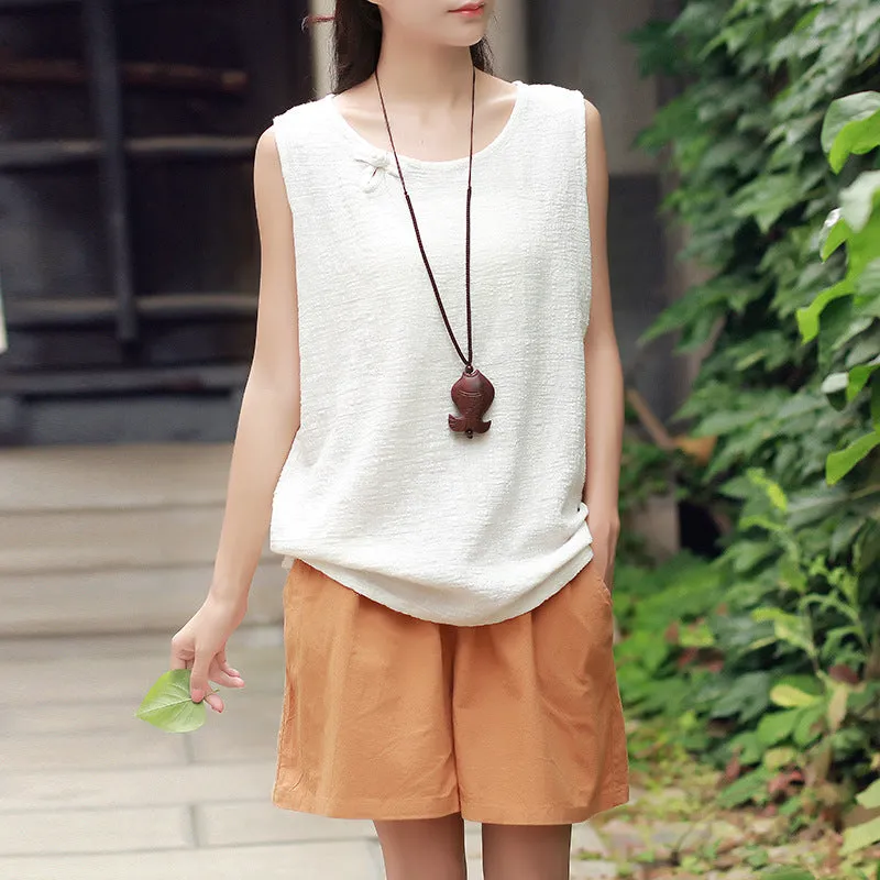 Art Cotton Blend Casual Pants Culottes Women Elastic Waist Loose All-Matching Shorts