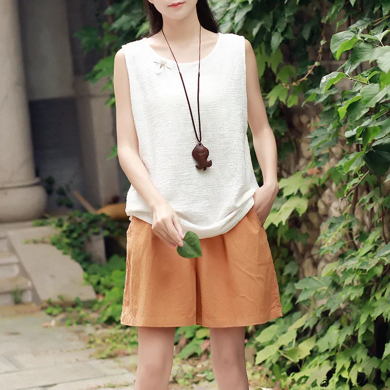 Art Cotton Blend Casual Pants Culottes Women Elastic Waist Loose All-Matching Shorts