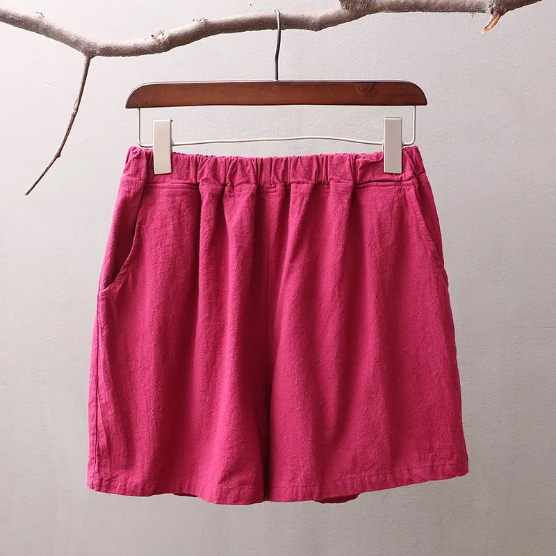 Art Cotton Blend Casual Pants Culottes Women Elastic Waist Loose All-Matching Shorts