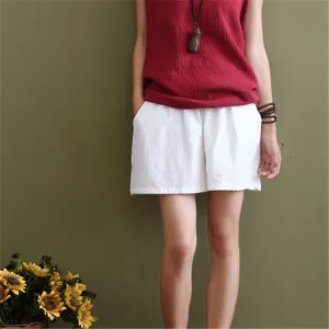 Art Cotton Blend Casual Pants Culottes Women Elastic Waist Loose All-Matching Shorts