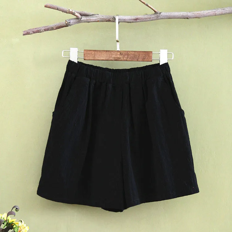 Art Cotton Blend Casual Pants Culottes Women Elastic Waist Loose All-Matching Shorts