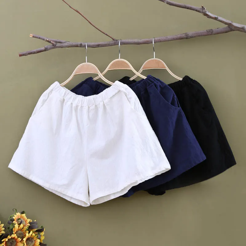 Art Cotton Blend Casual Pants Culottes Women Elastic Waist Loose All-Matching Shorts