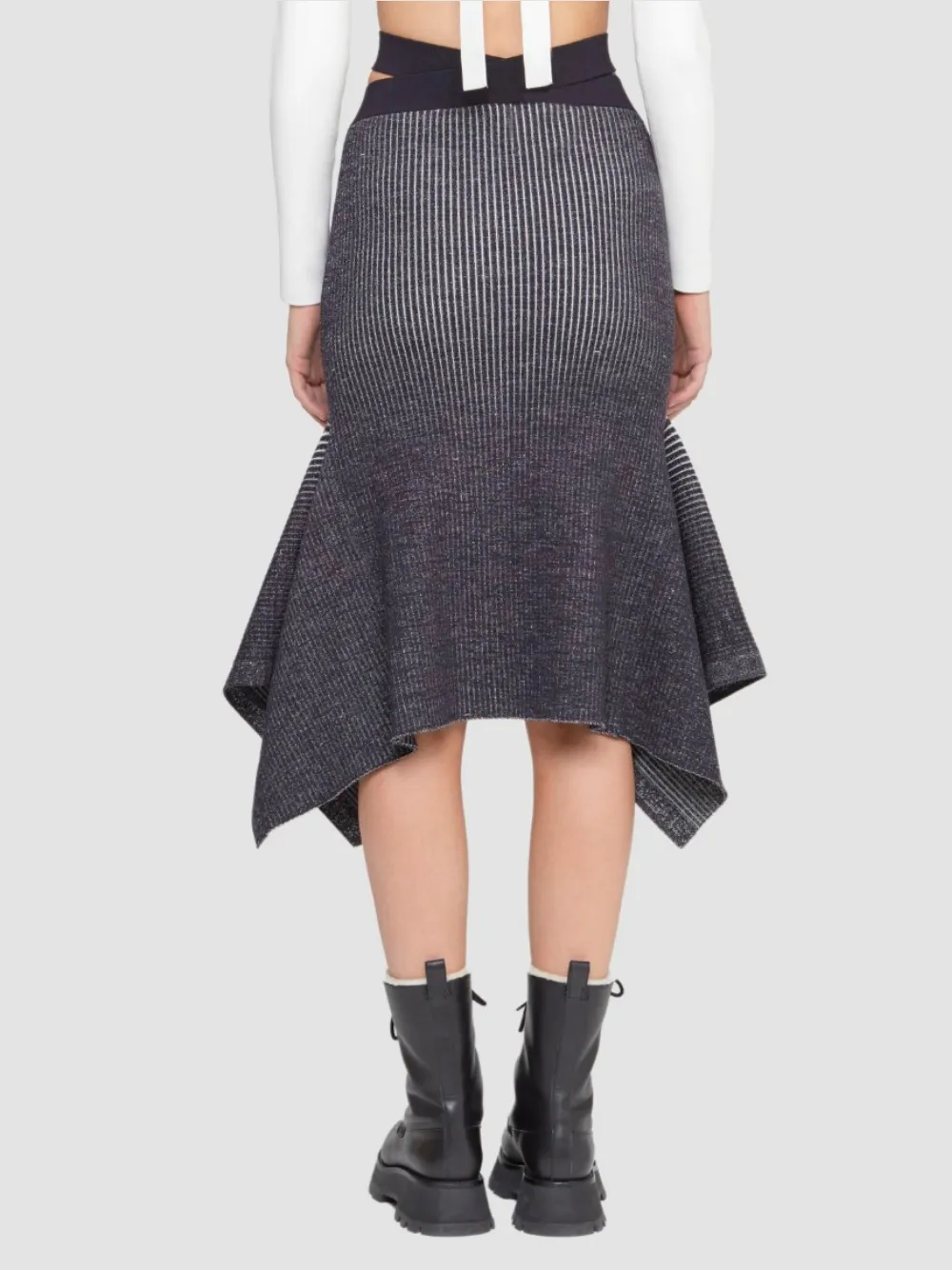 Bicolor Rib Godet Pencil Skirt Dark Blue
