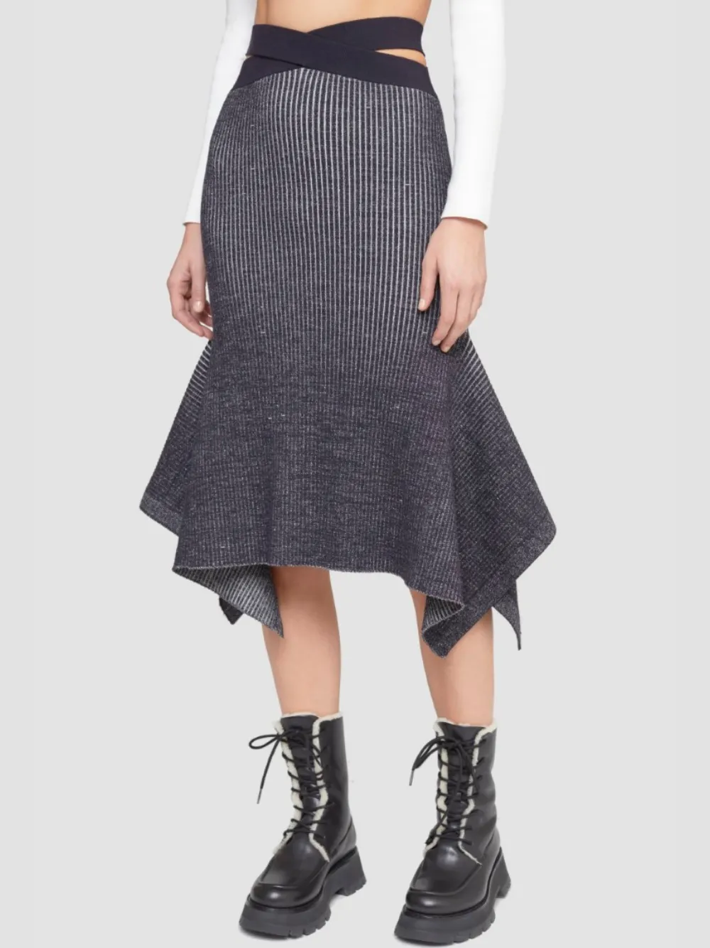Bicolor Rib Godet Pencil Skirt Dark Blue