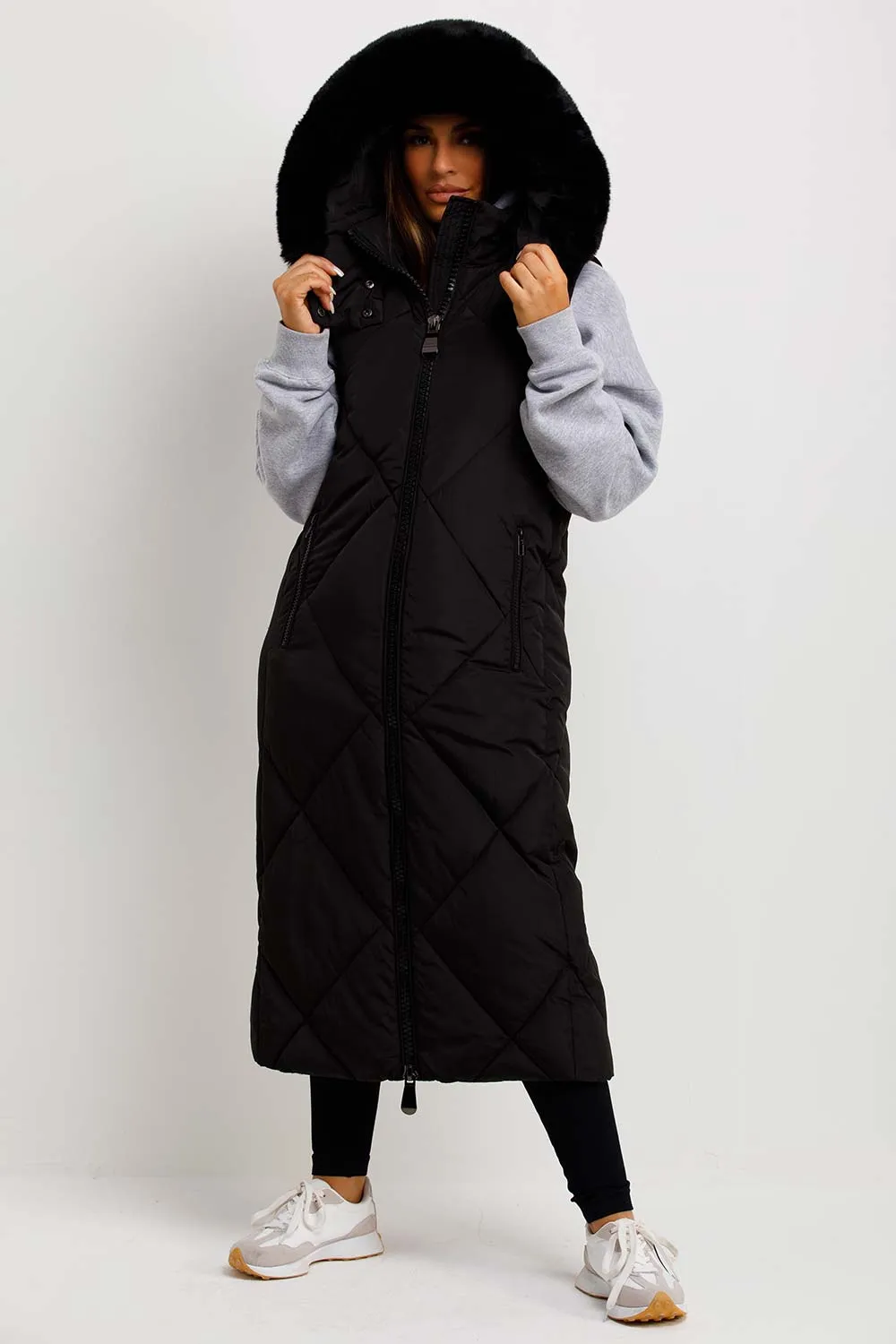 Black Long Puffer Gilet With Fur Hood