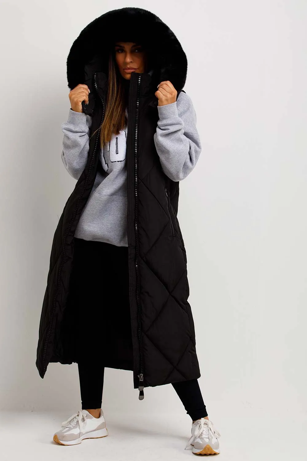 Black Long Puffer Gilet With Fur Hood
