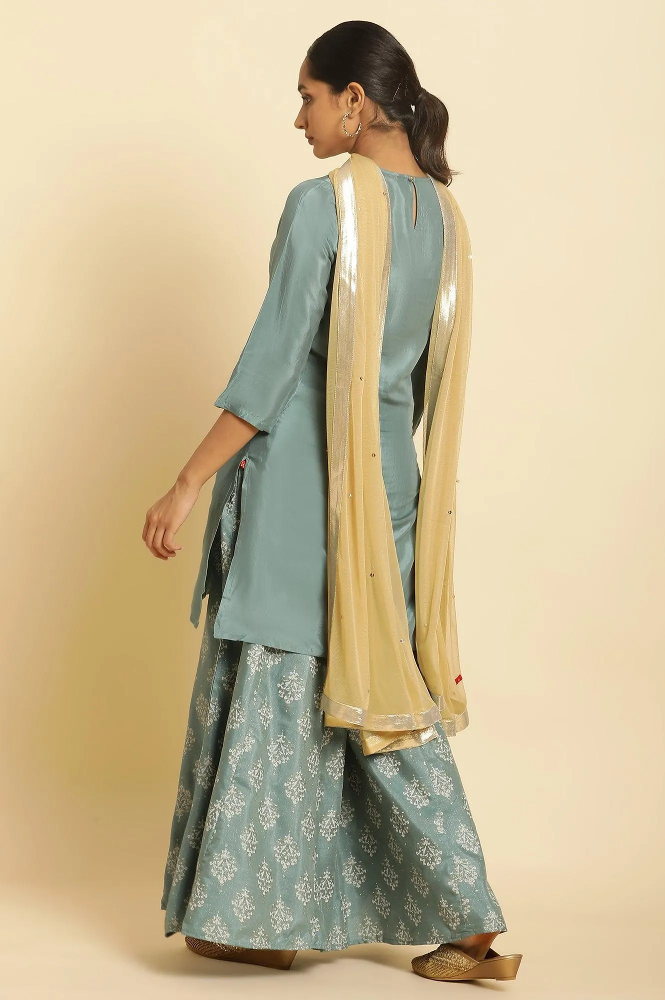 Blue Embroidered Round Neck kurta-Printed Culottes-Dupatta Set