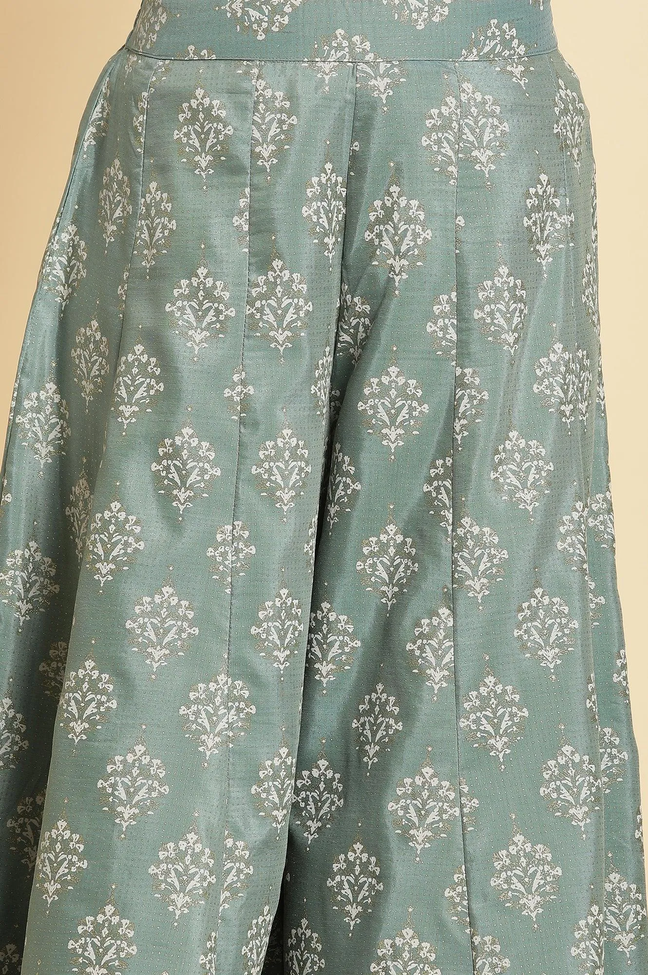 Blue Embroidered Round Neck kurta-Printed Culottes-Dupatta Set