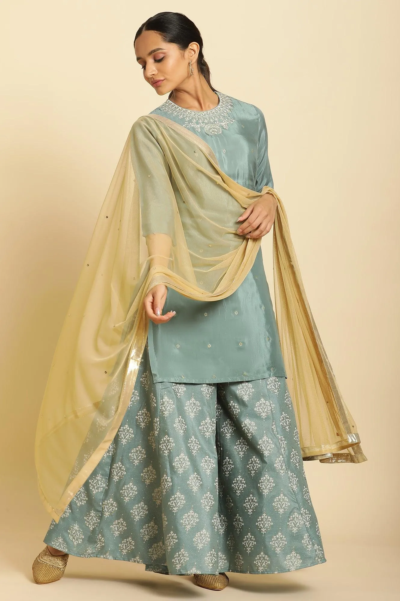 Blue Embroidered Round Neck kurta-Printed Culottes-Dupatta Set