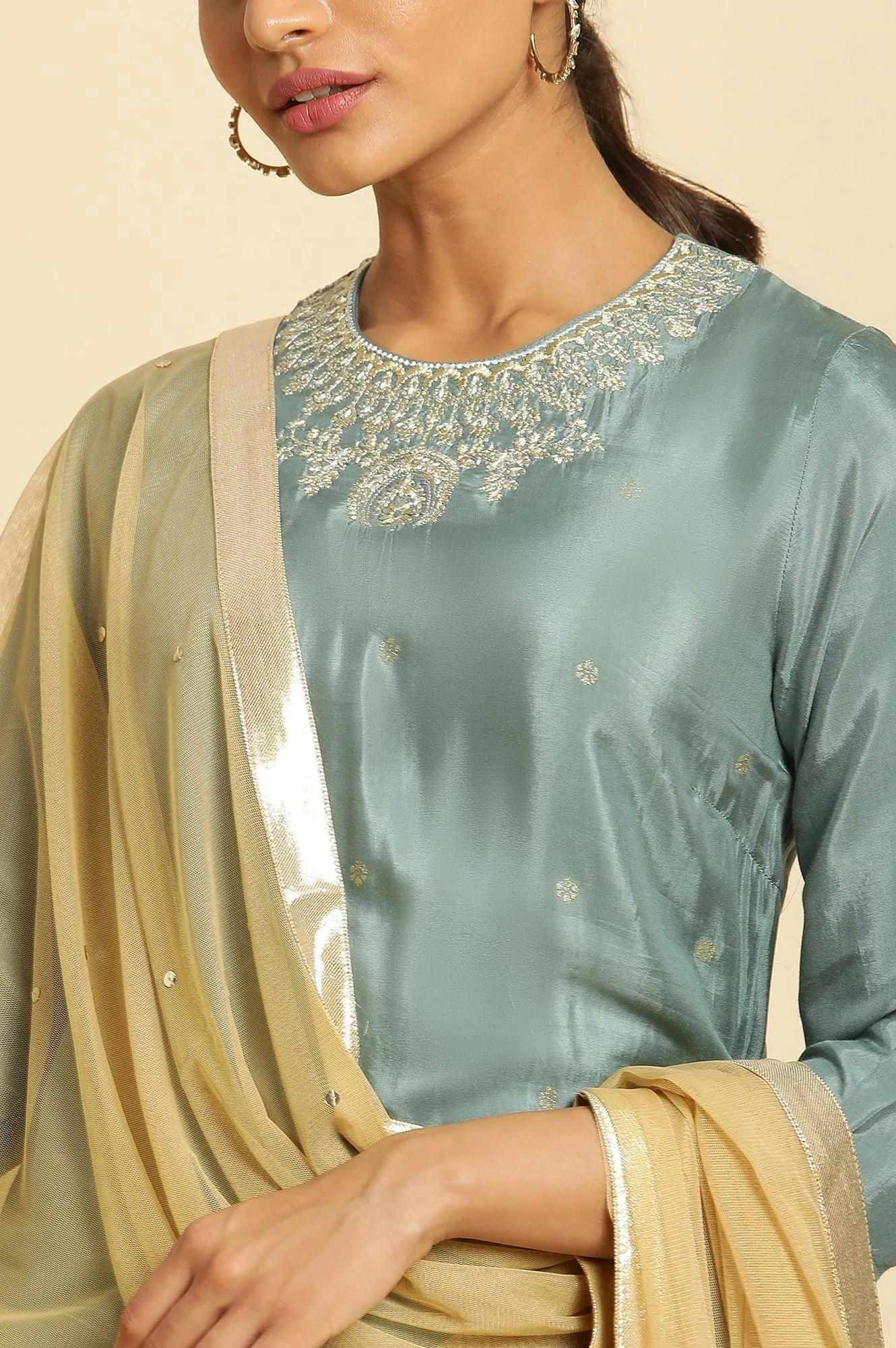 Blue Embroidered Round Neck kurta-Printed Culottes-Dupatta Set