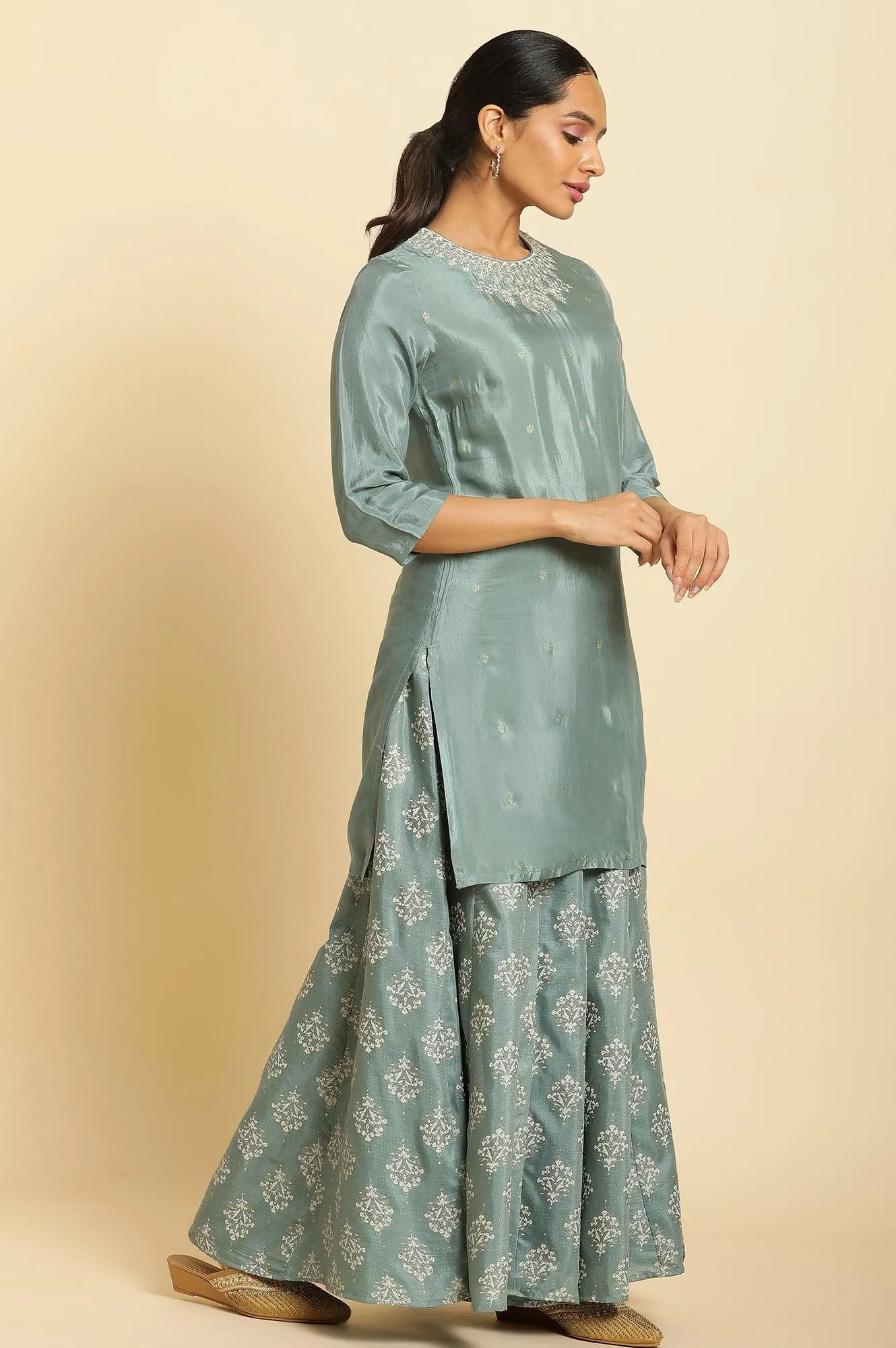 Blue Embroidered Round Neck kurta-Printed Culottes-Dupatta Set