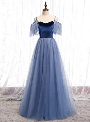 Blue Velvet Tulle Long Prom Dress, Blue Spaghetti Strap Evening Party Dress