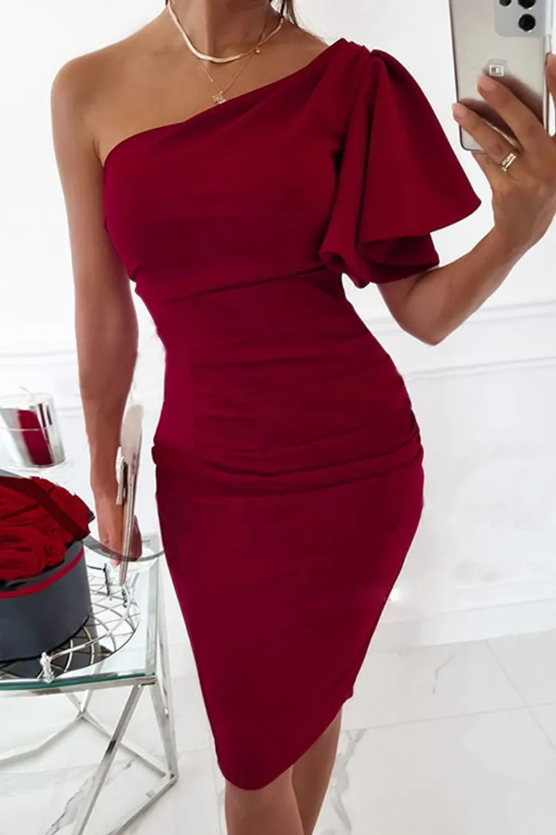 Casual & Stylish Classic Solid Flounce One Shoulder Pencil Skirt Dresses(3 Colors)