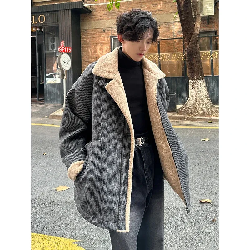 Chicmy-Men Winter Berber Fleece Jacket Parka Coat Mens Multi-pockets Stand Collar Casual Thick Warm Jacket Man Khaki/Dark Gray