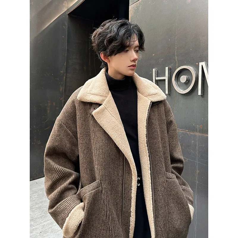 Chicmy-Men Winter Berber Fleece Jacket Parka Coat Mens Multi-pockets Stand Collar Casual Thick Warm Jacket Man Khaki/Dark Gray