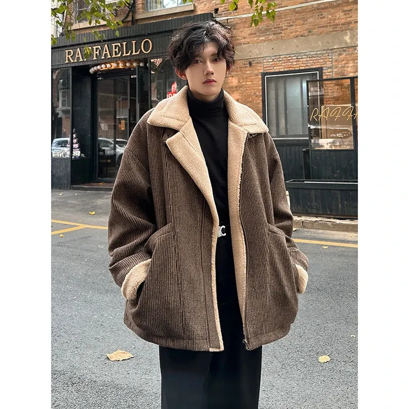 Chicmy-Men Winter Berber Fleece Jacket Parka Coat Mens Multi-pockets Stand Collar Casual Thick Warm Jacket Man Khaki/Dark Gray