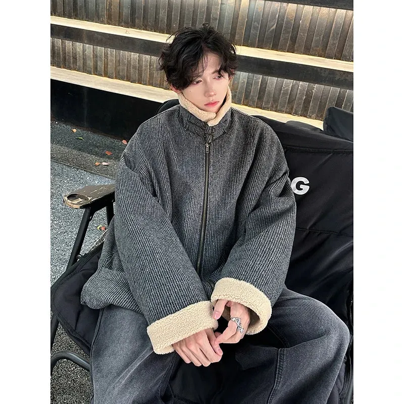 Chicmy-Men Winter Berber Fleece Jacket Parka Coat Mens Multi-pockets Stand Collar Casual Thick Warm Jacket Man Khaki/Dark Gray
