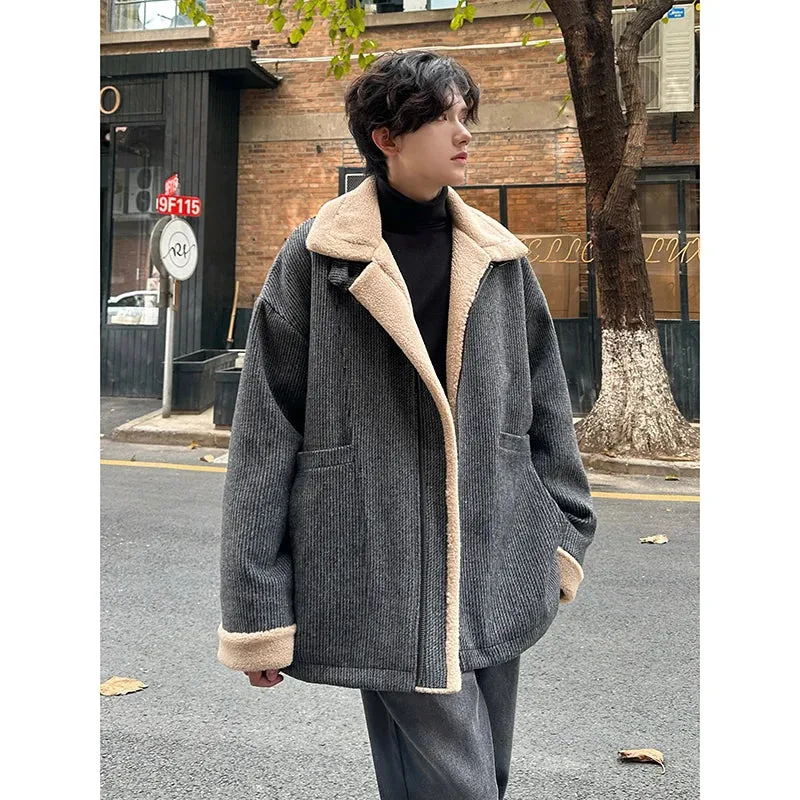 Chicmy-Men Winter Berber Fleece Jacket Parka Coat Mens Multi-pockets Stand Collar Casual Thick Warm Jacket Man Khaki/Dark Gray