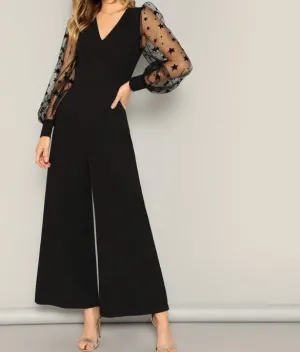 Contrast Mesh Galaxy Print Sleeve Top & Wide Leg Pants