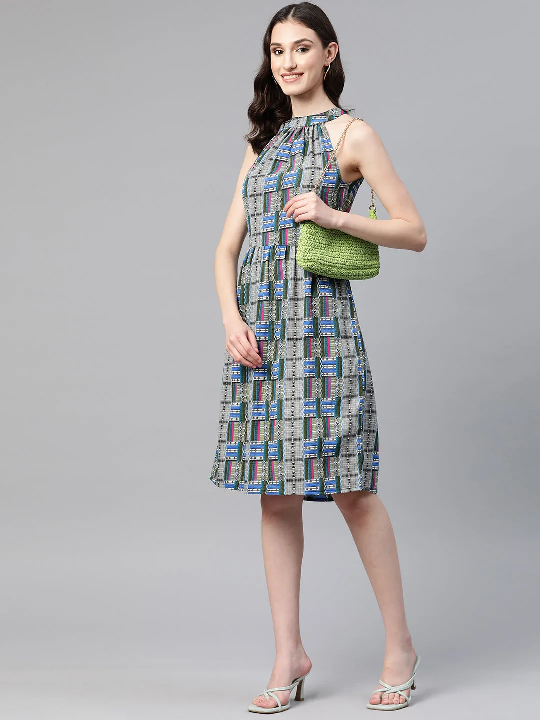 Cottinfab Geometric Print Halter Neck Crepe A-Line Dress With Tie-Ups Detail