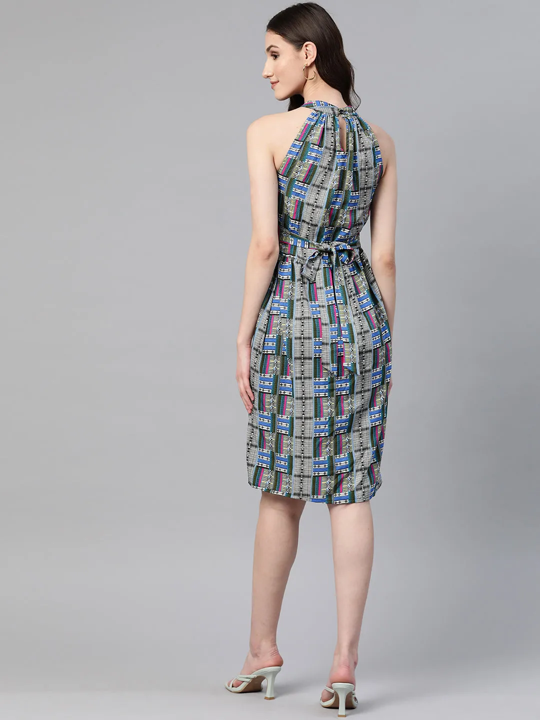 Cottinfab Geometric Print Halter Neck Crepe A-Line Dress With Tie-Ups Detail