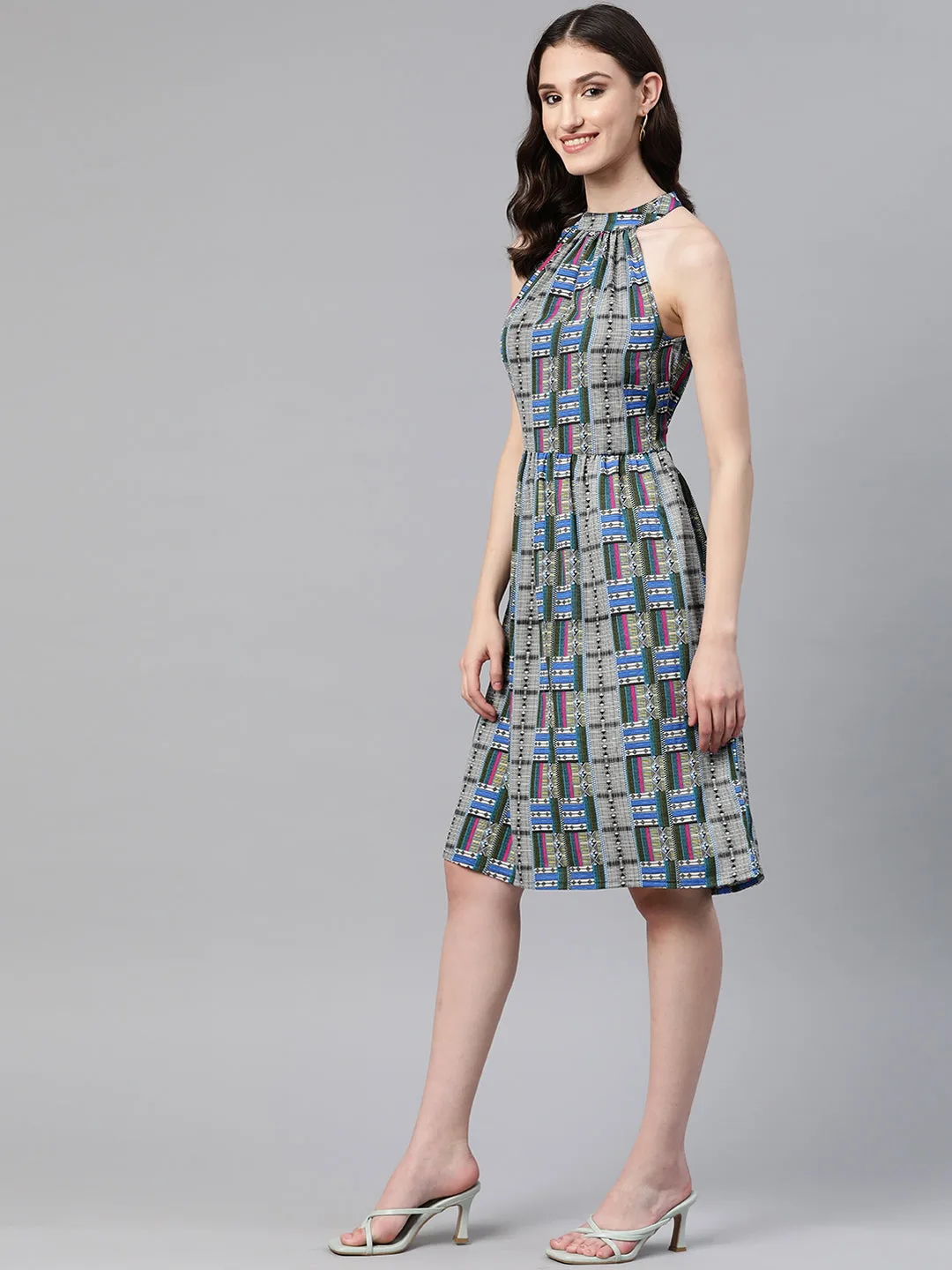 Cottinfab Geometric Print Halter Neck Crepe A-Line Dress With Tie-Ups Detail