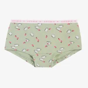 Culotte garçonne vert sauge avec motifs de fraises et tasses en jersey extensible, enfant  || Sage-green boycut panties with strawberry and cup all over print in stretch jersey, child