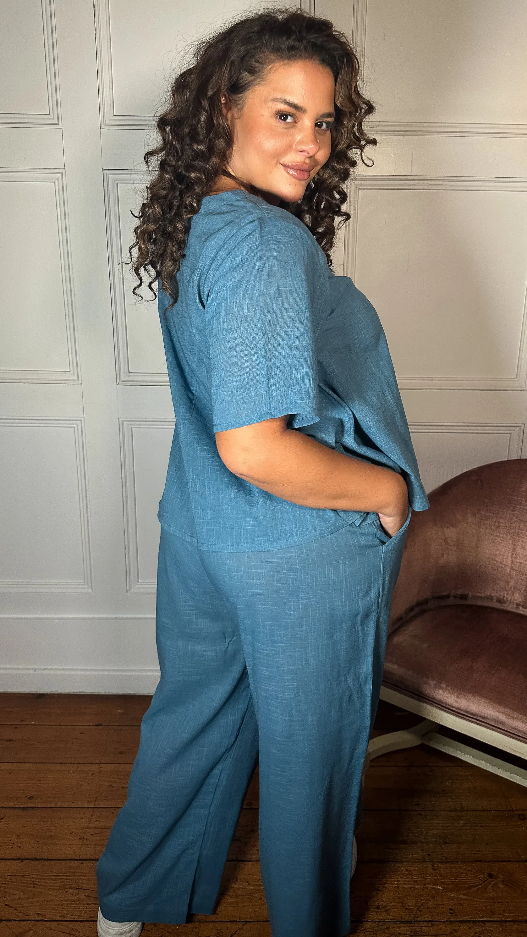 CurveWow Slub Wide Leg Trouser Blue