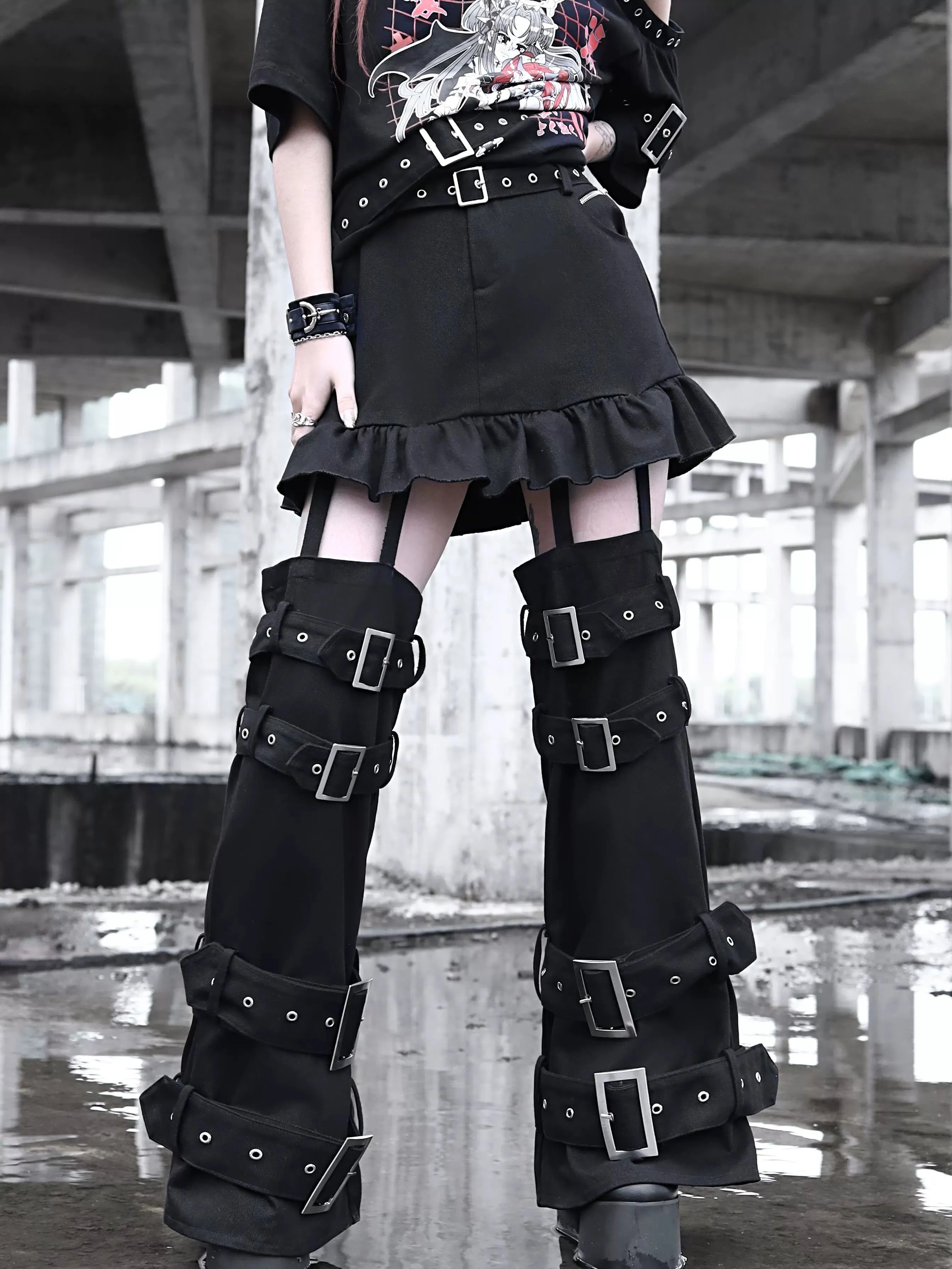 Detachable Culottes Breasted Splicing Faux Dark Two Piece Punk