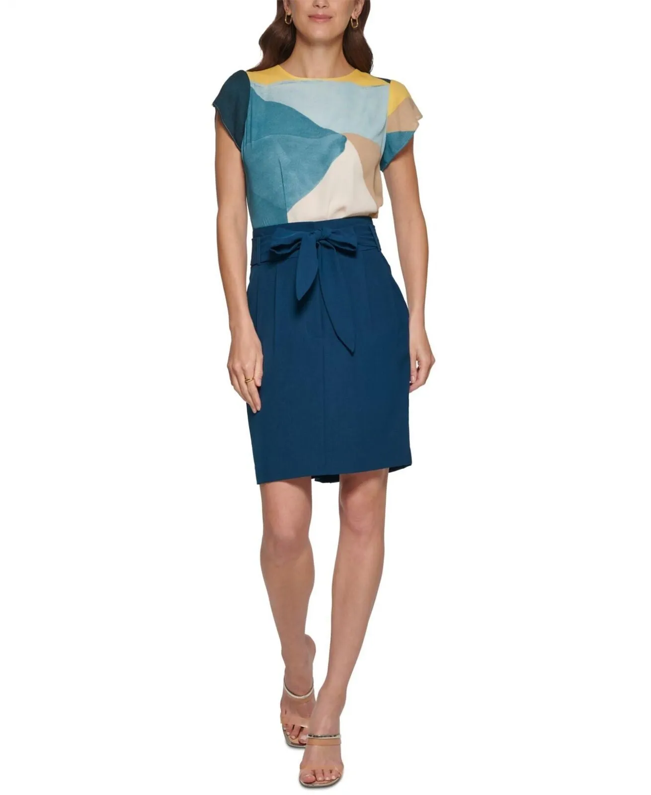DKNY Women's Front Tie Pencil Skirt UA2SX981 Teal Blue 14
