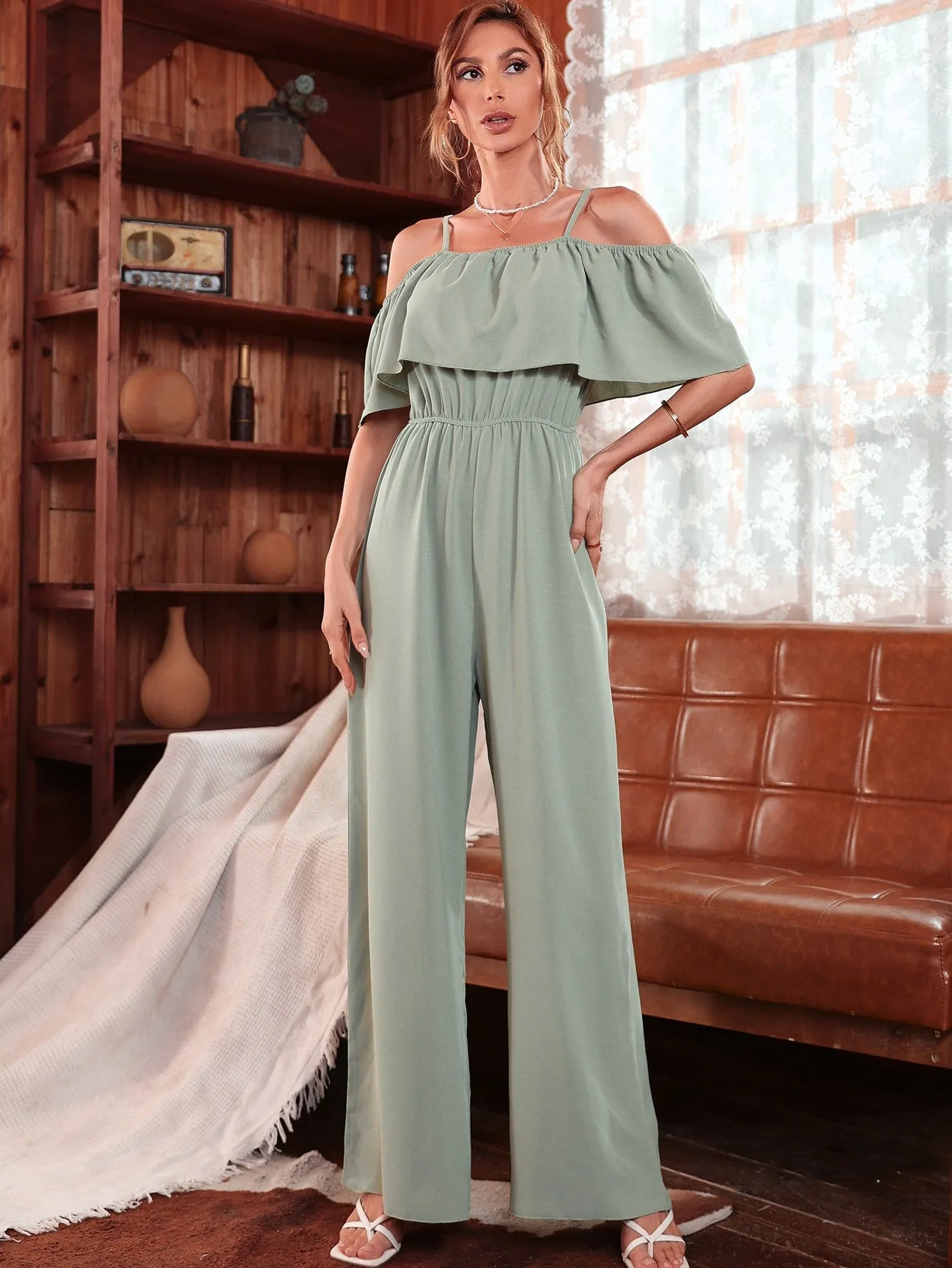 Elegant Plain Ruffle Half Sleeve Cold Shoulder Natural Long Women Jumpsuit