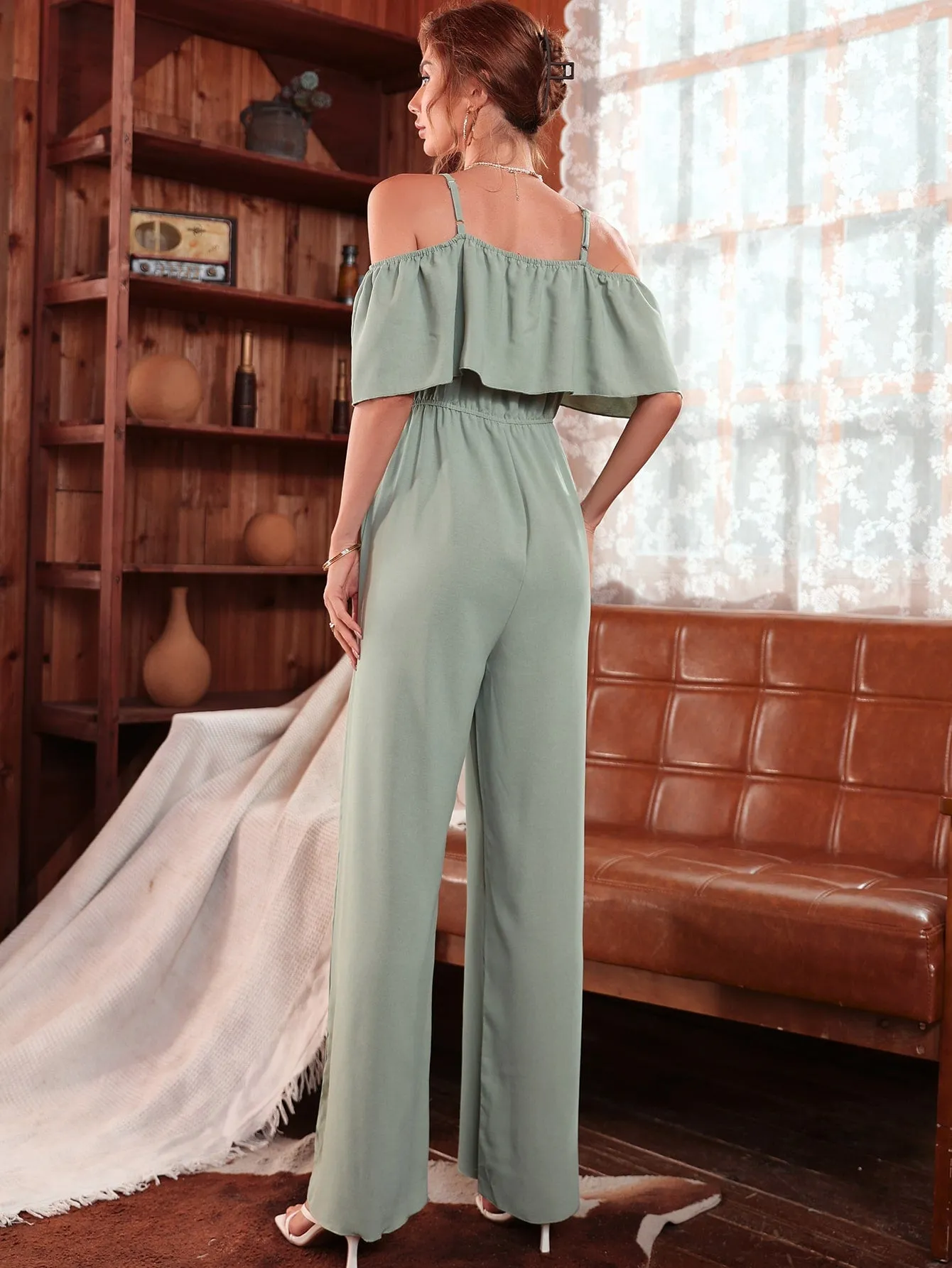 Elegant Plain Ruffle Half Sleeve Cold Shoulder Natural Long Women Jumpsuit