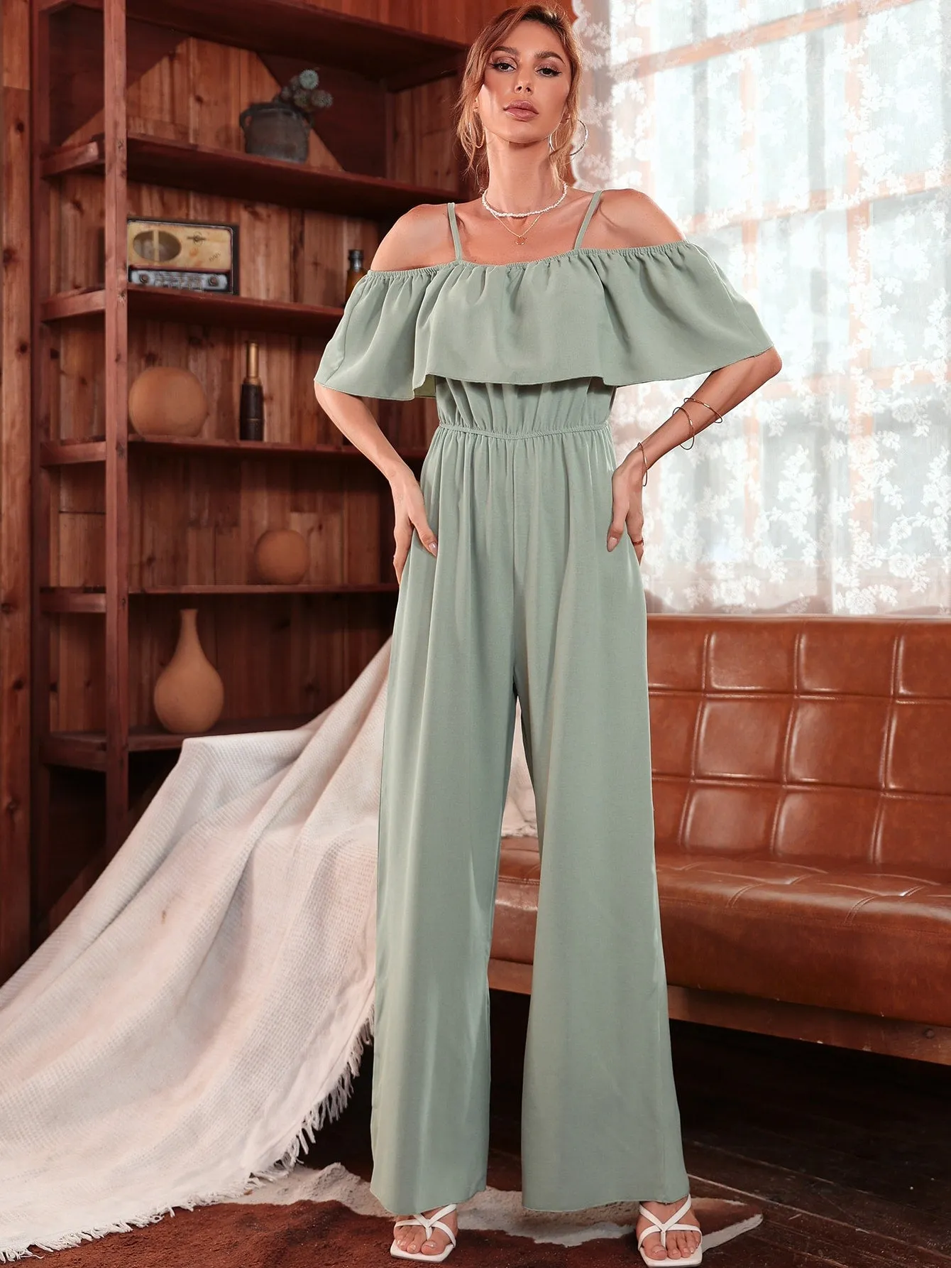 Elegant Plain Ruffle Half Sleeve Cold Shoulder Natural Long Women Jumpsuit