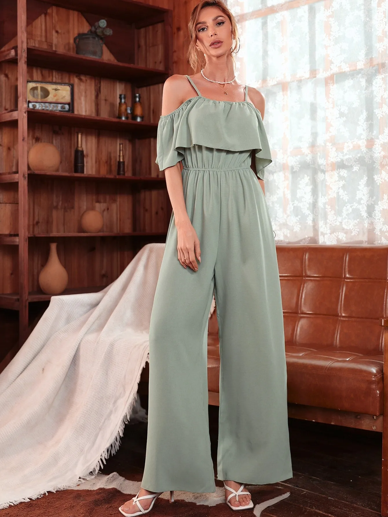 Elegant Plain Ruffle Half Sleeve Cold Shoulder Natural Long Women Jumpsuit