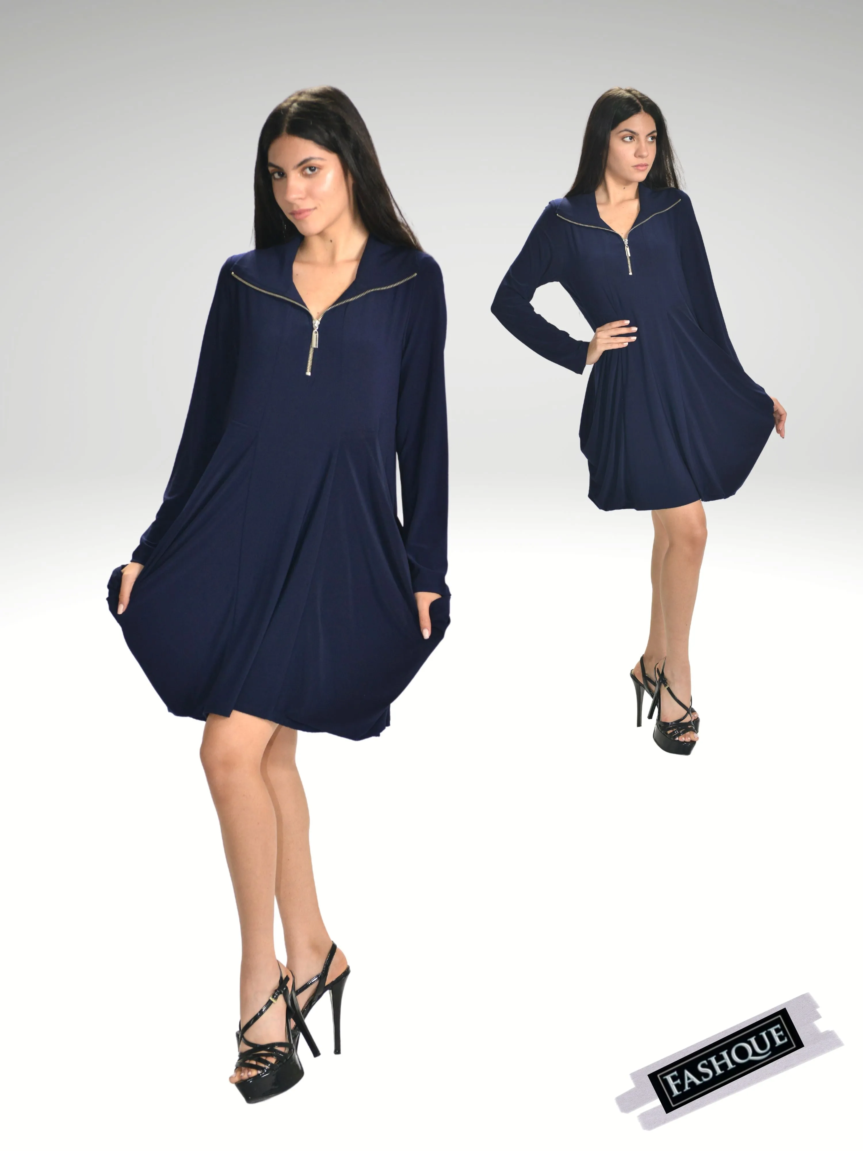 FASHQUE -Long Sleeves Kangaroo Pocket Zipper Front Digital Print Dress/Tunic with Caller- T627