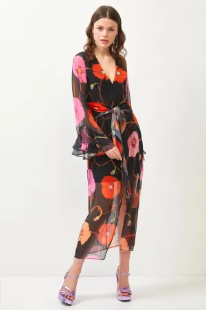 Floral Print Black Flared Sleeve Maxi Dress