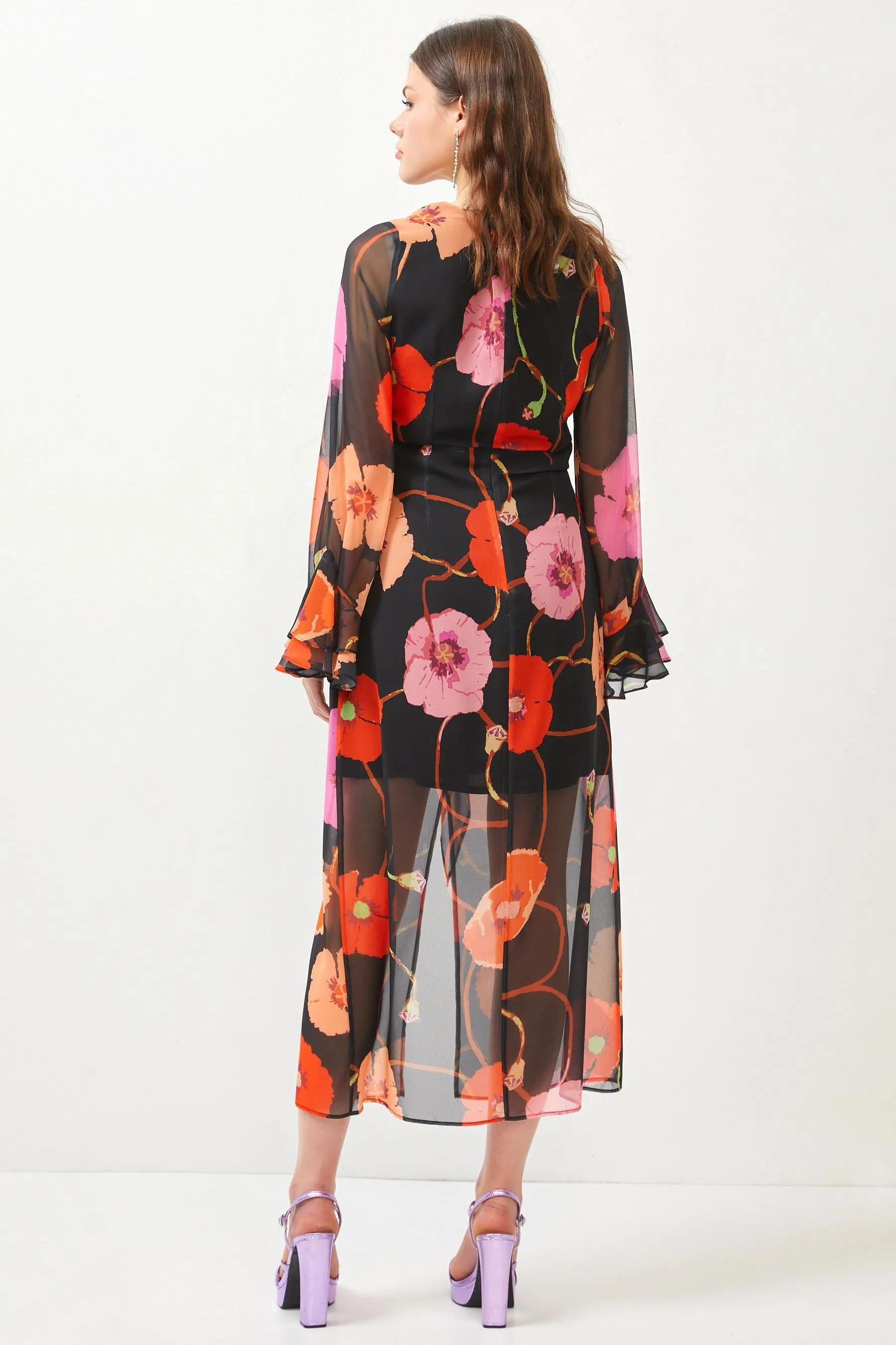 Floral Print Black Flared Sleeve Maxi Dress