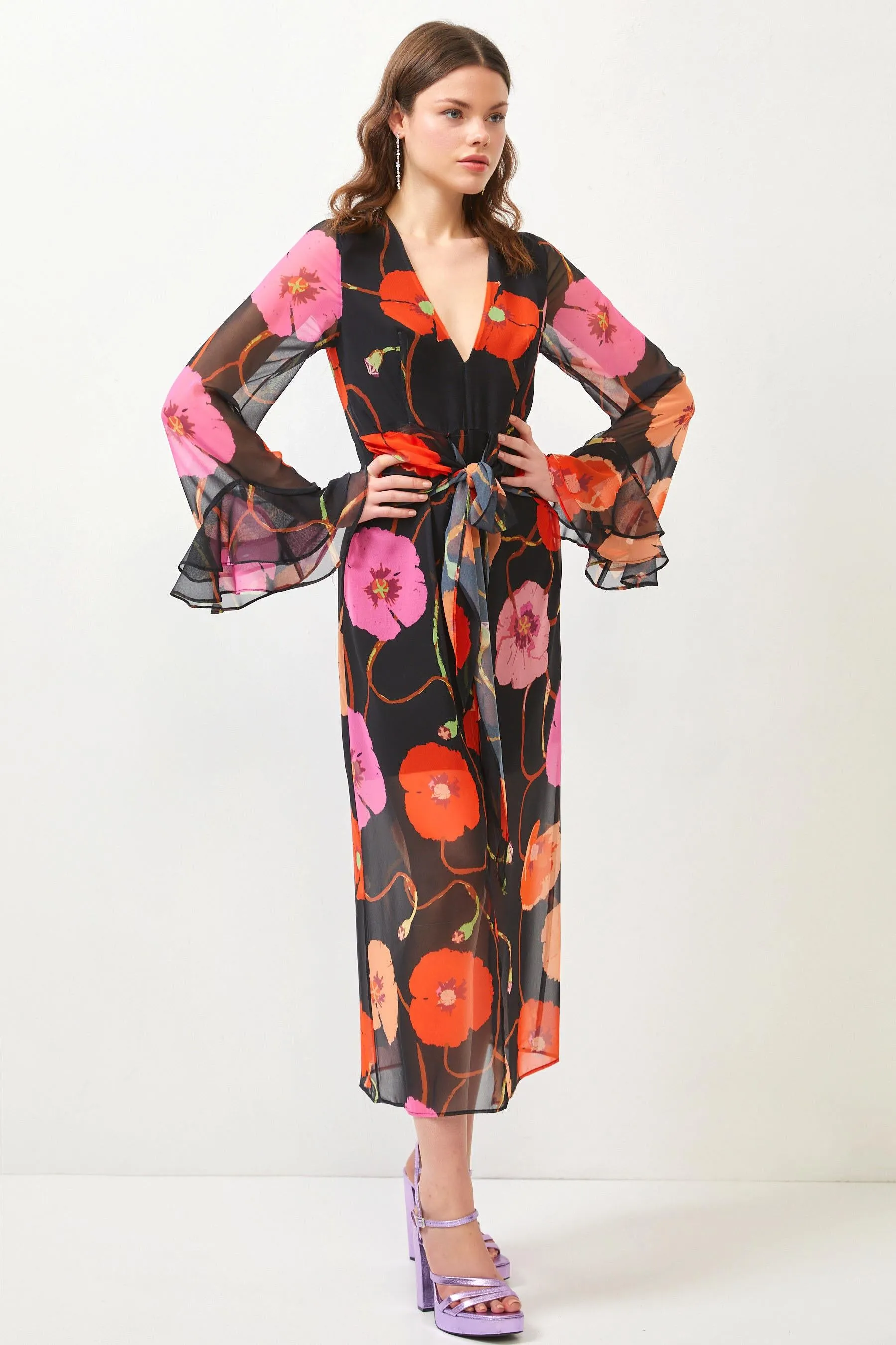 Floral Print Black Flared Sleeve Maxi Dress