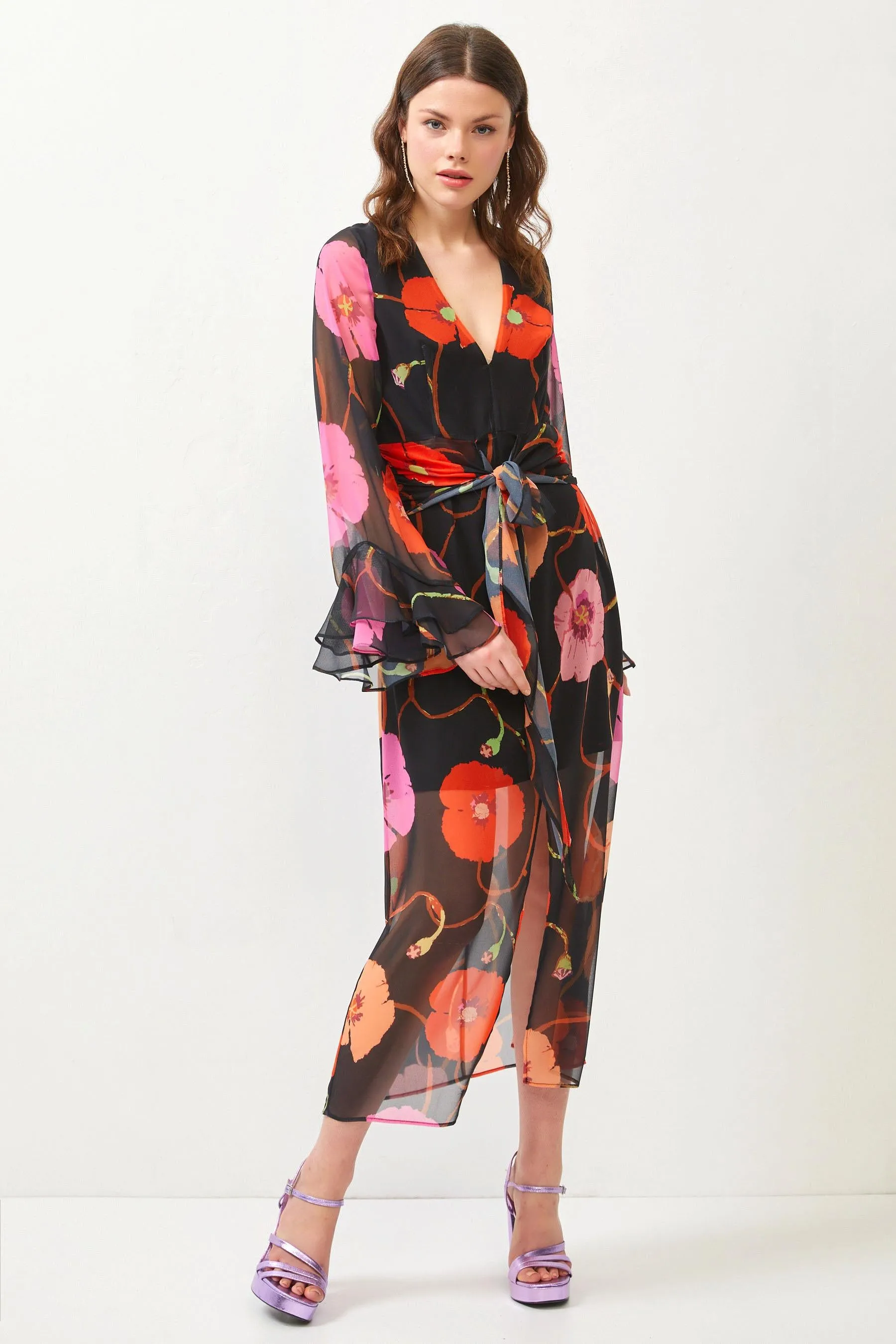 Floral Print Black Flared Sleeve Maxi Dress