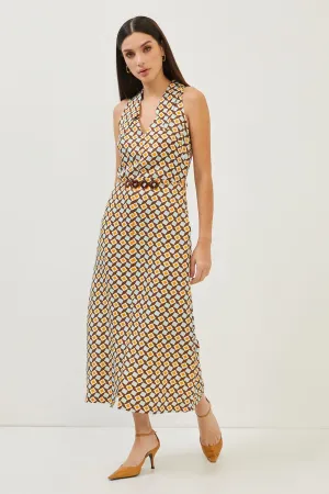Geometric Print Brown Front Slit Maxi Dress