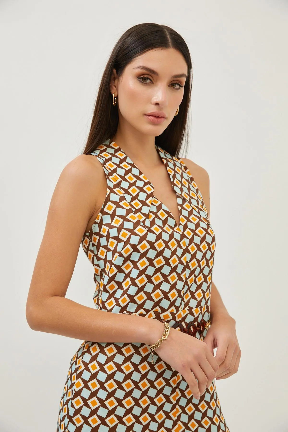 Geometric Print Brown Front Slit Maxi Dress
