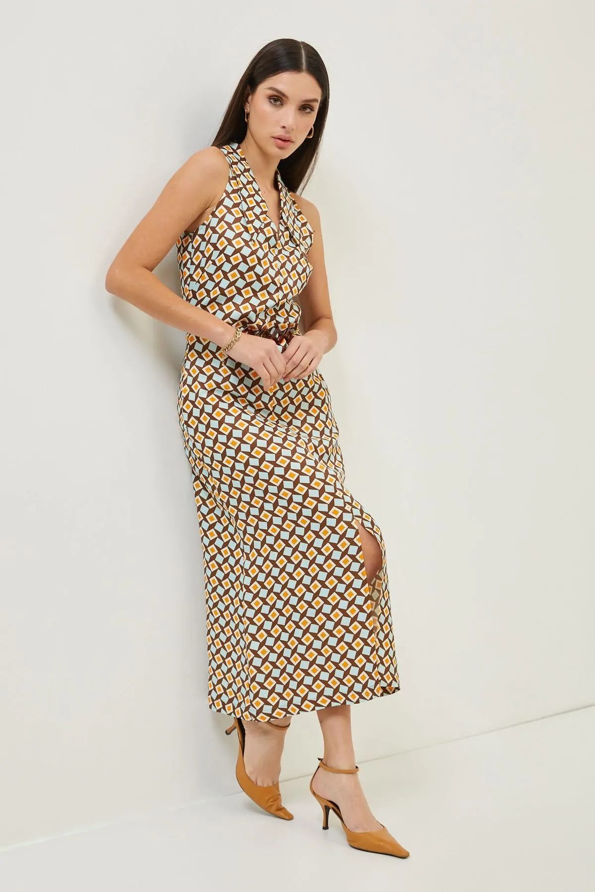 Geometric Print Brown Front Slit Maxi Dress