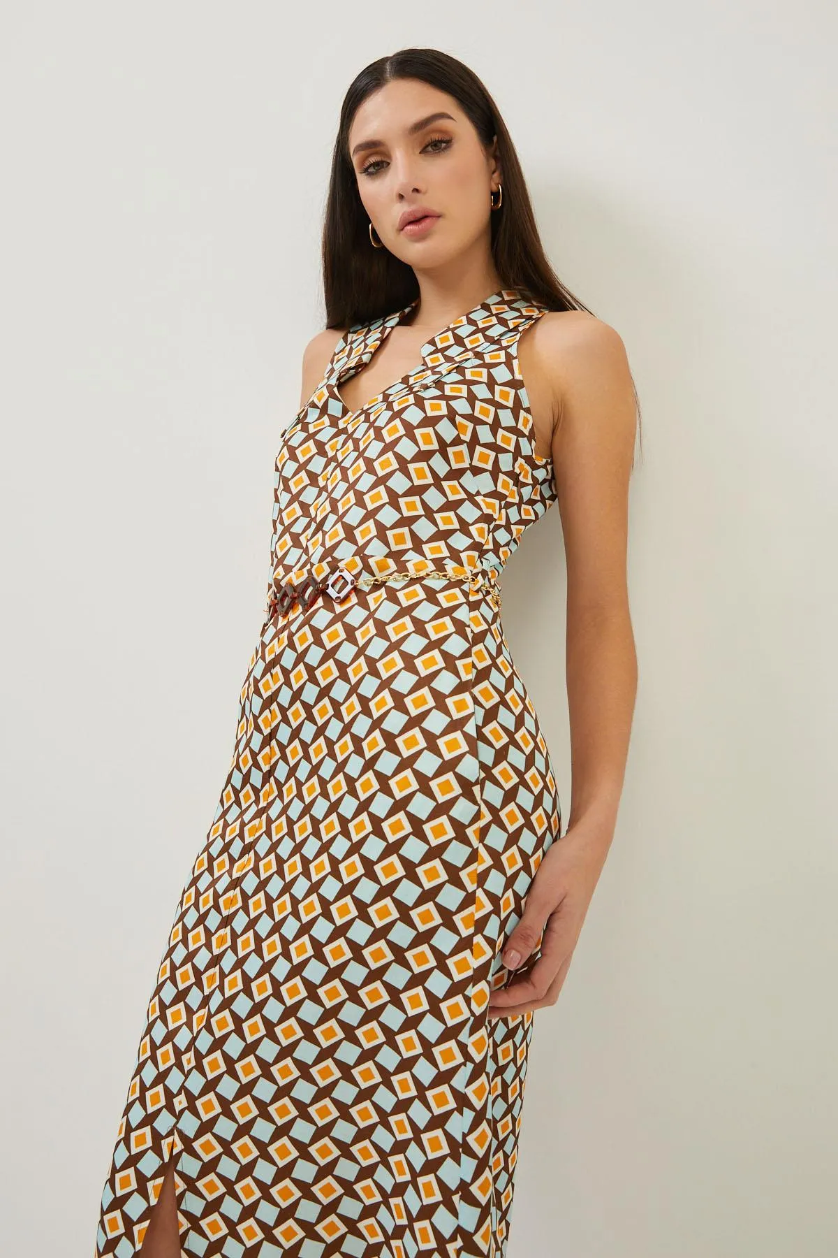 Geometric Print Brown Front Slit Maxi Dress