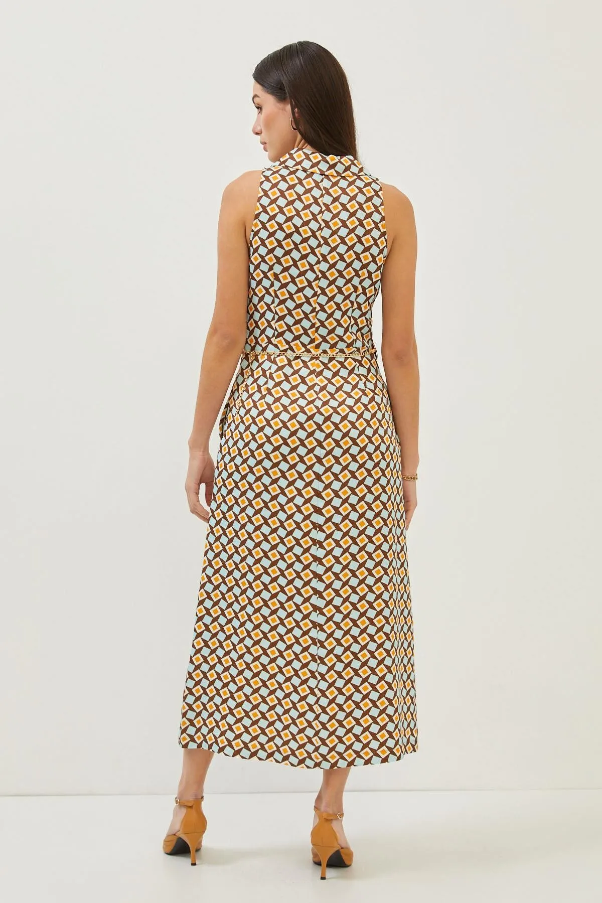 Geometric Print Brown Front Slit Maxi Dress