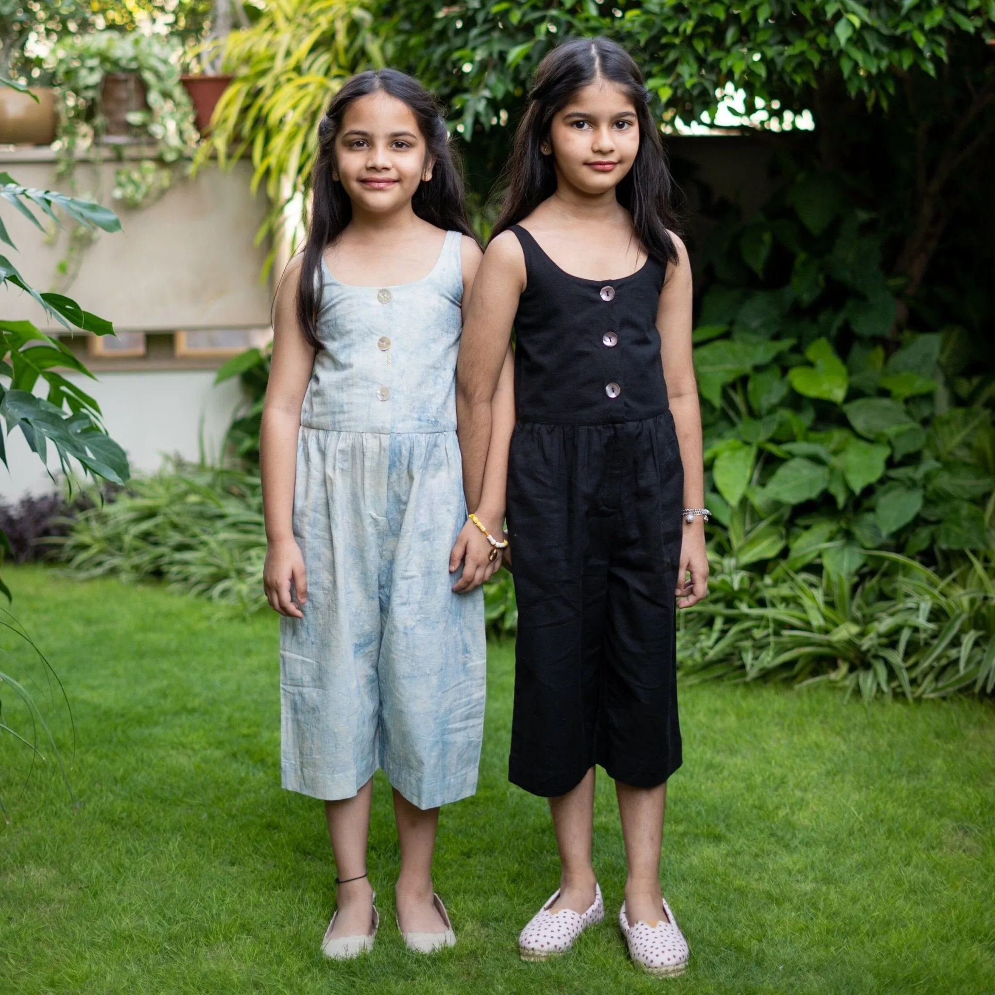 Girls - Black Cotton Flax Button-Down Midi Jumpsuit